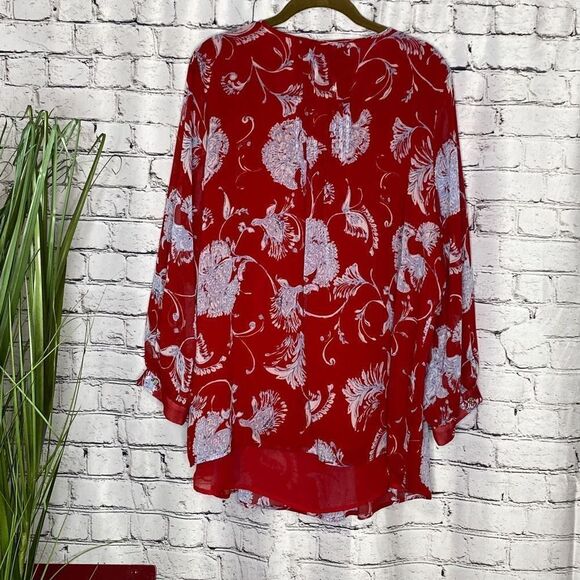 Tommy Hilfiger Pintuck Floral 3/4 Sleeve Chiffon Split Neck Blouse Red 1X - Picture 9 of 13